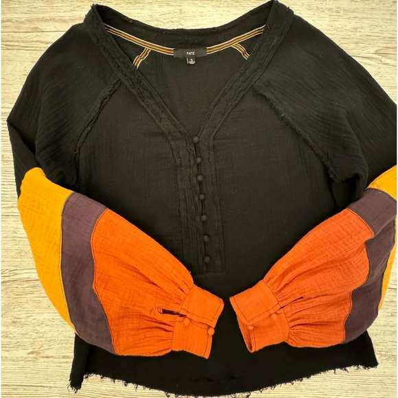 Fate Color Block Cotton Gauze Pullover V-Neck Balloon Long Sleeve Shirt Top S - Picture 8 of 14